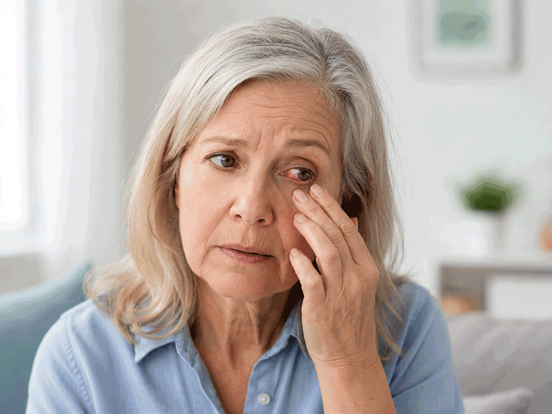 Barnet Dulaney Perkins Eye Center patient with a red, irritated eye showing possible blepharitis symptoms.
