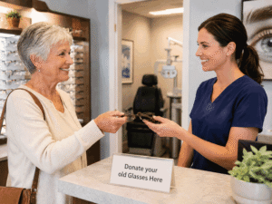 Barnet Dulaney Perkins Eye Center patient donating old prescription glasses while learning can diabetes cause blurry vision.