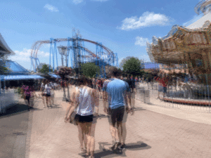 Barnet Dulaney Perkins Eye Center POV image showing double vision at a theme park while asking can diabetes cause blurry vision.