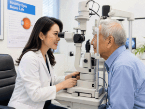 Barnet Dulaney Perkins Eye Center eye doctor performing an eye exam for a senior patient while evaluating can diabetes cause blurry vision.