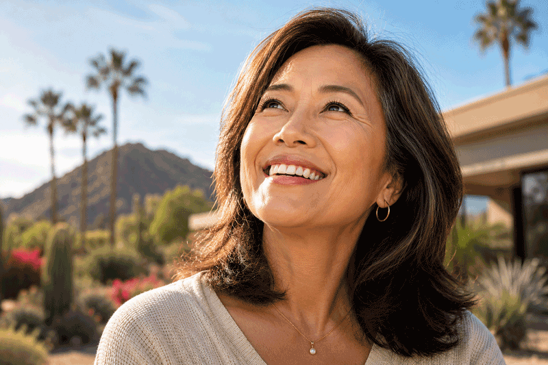 Barnet Dulaney Perkins Eye Center patient smiling outdoors in Arizona while learning can diabetes cause blurry vision.