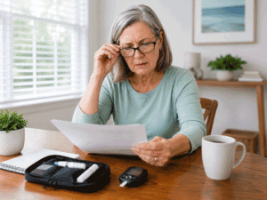 Barnet Dulaney Perkins Eye Center patient struggling to read paperwork while asking can diabetes cause blurry vision.
