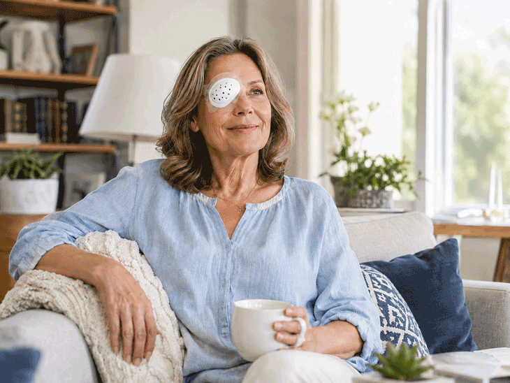 55-year-old woman relaxing at home after cataract surgery while wearing an opaque protective eye shield, illustrating cataract surgery recovery for Barnet Dulaney Perkins Eye Center.