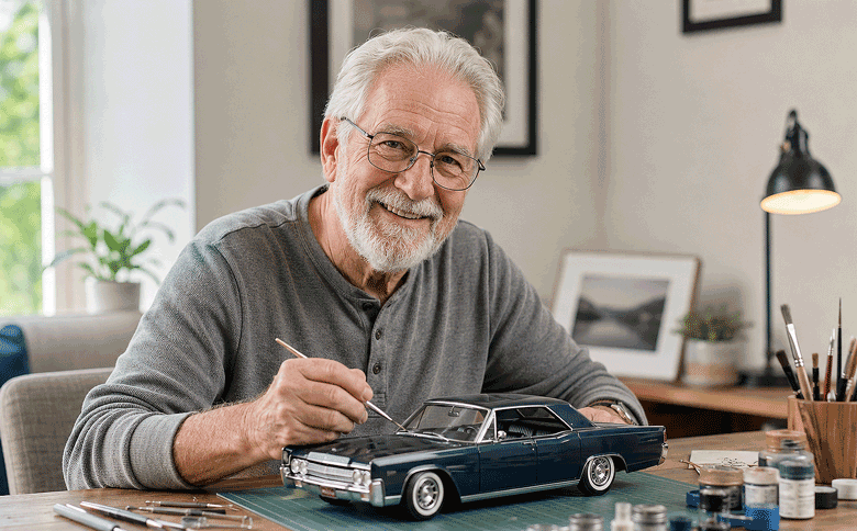 Senior man building a classic car model, illustrating detailed near-vision activities for patients learning about Christmas tree cataracts at Barnet Dulaney Perkins Eye Center.