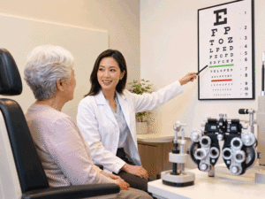Senior woman completing a visual acuity test with an eye doctor, supporting Christmas tree cataract evaluation at Barnet Dulaney Perkins Eye Center.