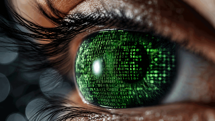 Close-up of an eye with green digital coding reflected in the iris, illustrating digital eye strain symptoms for Barnet Dulaney Perkins Eye Center.