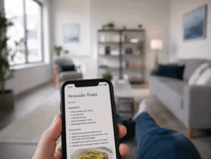 Point-of-view image of a phone recipe screen with a slightly blurry living room in the background, illustrating digital eye strain symptoms for Barnet Dulaney Perkins Eye Center.