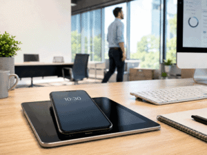 Phone resting on a tablet with a person walking in the background of an office, illustrating an eye break for digital eye strain symptoms at Barnet Dulaney Perkins Eye Center.
