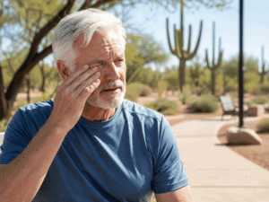 Senior man rubbing his irritated eye outdoors in an Arizona park, illustrating dry eye discomfort as one of the possible digital eye strain symptoms for Barnet Dulaney Perkins Eye Center.