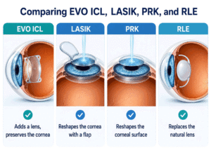 Comparison graphic showing EVO ICL, LASIK, PRK, and refractive lens exchange for patients exploring EVO ICL after 40 at Barnet Dulaney Perkins Eye Center.