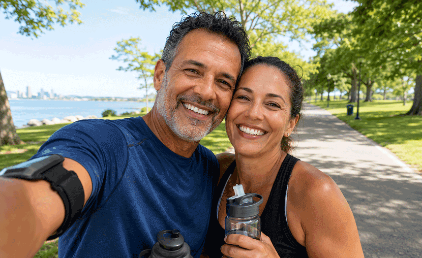 50-year-old half-Cuban couple taking a water break during a sunny park run, featured lifestyle image for eye infection symptoms at Barnet Dulaney Perkins Eye Center.