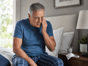 60-year-old man sitting on the edge of his bed and touching his painful eye after cataract surgery, illustrating possible eye infection symptoms for Barnet Dulaney Perkins Eye Center.
