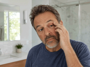 55-year-old man gently touching a swollen eyelid in his bathroom, illustrating possible eye infection symptoms for Barnet Dulaney Perkins Eye Center.