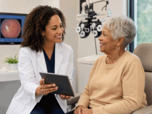 Female eye surgeon smiling with a senior patient during a consultation, illustrating glaucoma surgery during cataract surgery at Wellish Abrams Vision Institute.
