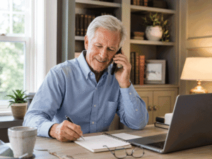 Senior man speaking on the phone and taking notes in his home office about an upcoming eye surgeon visit, illustrating glaucoma surgery during cataract surgery preparation for Wellish Abrams Vision Institute.