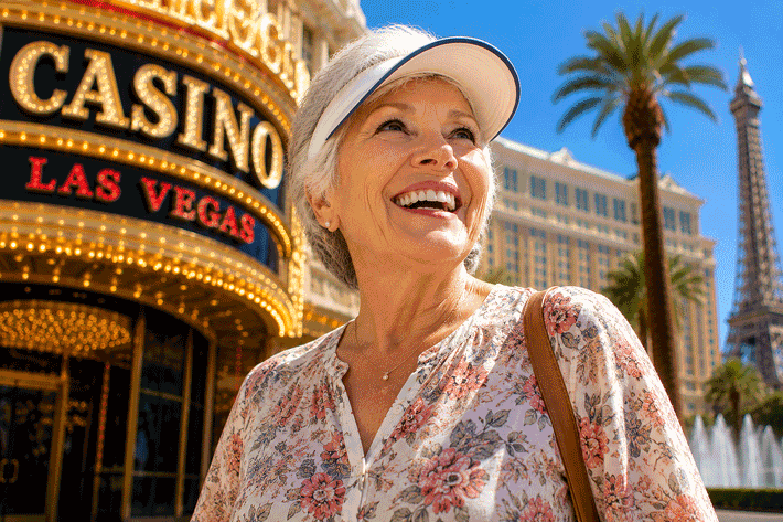 Senior woman smiling outside a Las Vegas casino, illustrating life after glaucoma surgery during cataract surgery for Wellish Abrams Vision Institute.