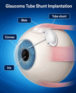 Stylized medical diagram of glaucoma tube shunt implantation with labeled cornea, iris, bleb, and tube shunt for Wellish Abrams Vision Institute.