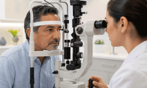 Eye doctor performing a tonometry eye pressure test on a Hispanic man in an exam room, illustrating high eye pressure vs glaucoma evaluation at Barnet Dulaney Perkins Eye Center.