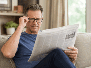 Man squinting while trying to read his newspaper, illustrating common myopia symptoms for patients at Barnet Dulaney Perkins Eye Center.