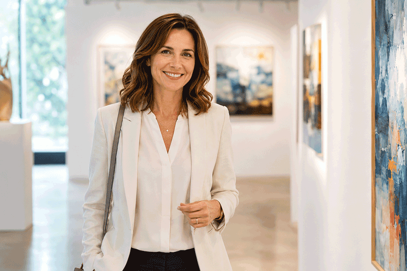 Woman enjoying an art gallery without glasses, illustrating clear distance vision goals for patients with myopia symptoms at Barnet Dulaney Perkins Eye Center.