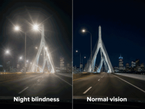 Night driving comparison showing blurred, glare-filled vision beside clear vision on Boston’s white suspension bridge, illustrating night blindness for Barnet Dulaney Perkins Eye Center.