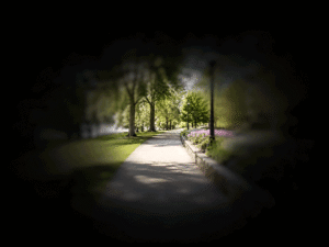 Point-of-view image showing tunnel vision from retinitis pigmentosa, illustrating a possible cause of night blindness for patients at Barnet Dulaney Perkins Eye Center.