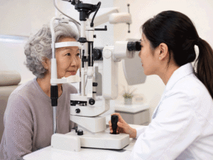 Senior woman receiving a slit lamp exam from an eye doctor, supporting night blindness evaluation at Barnet Dulaney Perkins Eye Center.