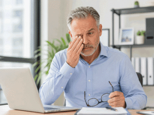 60-year-old man rubbing a red irritated eye at his office, illustrating panuveitis symptoms and treatment for Barnet Dulaney Perkins Eye Center.