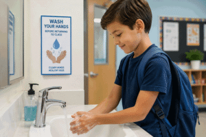 Child washing his hands at a school sink to help prevent the spread of germs linked to pink eye symptoms, for Barnet Dulaney Perkins Eye Center.