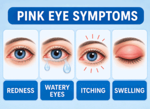 Blue infographic showing pink eye symptoms, including redness, watery eyes, itching, and swelling, for Barnet Dulaney Perkins Eye Center.