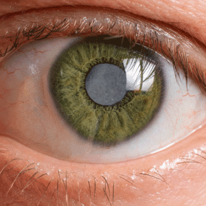 Barnet Dulaney Perkins Eye Center close-up of a green eye showing posterior capsule opacification after cataract surgery.