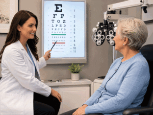 Barnet Dulaney Perkins Eye Center doctor performing a visual acuity test for a senior patient being evaluated for posterior capsule opacification.
