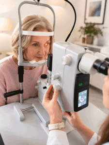 Barnet Dulaney Perkins Eye Center patient receiving YAG laser treatment for posterior capsule opacification after cataract surgery.