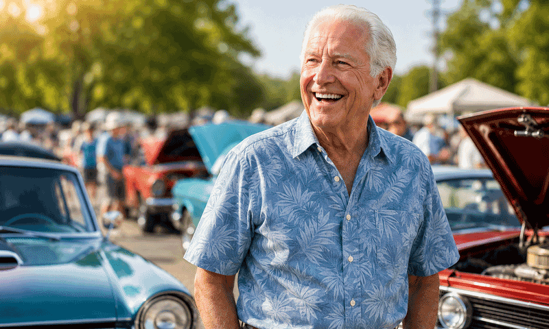 Smiling senior man enjoying an outdoor classic car show, representing active daily life while learning about posterior vitreous detachment symptoms from Barnet Dulaney Perkins Eye Center.