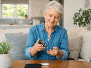 Smiling 65-year-old woman checking her blood sugar at home, illustrating diabetes-related eye health considerations and posterior vitreous detachment symptoms for Barnet Dulaney Perkins Eye Center.