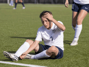 Teen soccer player sitting on the field and holding his head after colliding with a teammate, illustrating trauma that may require evaluation for posterior vitreous detachment symptoms at Barnet Dulaney Perkins Eye Center.