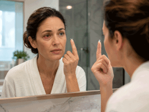Woman holding a contact lens while looking at a red, irritated eye in the mirror, illustrating contact lens irritation as one of the possible red eye causes for Barnet Dulaney Perkins Eye Center.