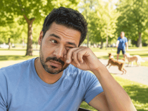 42-year-old man rubbing irritated eyes at a sunny dog park, illustrating eye allergies as one of the possible red eye causes for Barnet Dulaney Perkins Eye Center.