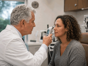 Eye doctor using a handheld tonometer to check a patient’s eye pressure, illustrating diagnostic testing for possible red eye causes at Barnet Dulaney Perkins Eye Center.
