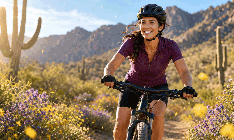 Hispanic woman mountain biking through a blooming Arizona desert, illustrating outdoor exposure that may trigger seasonal eye allergies for patients at Barnet Dulaney Perkins Eye Center.