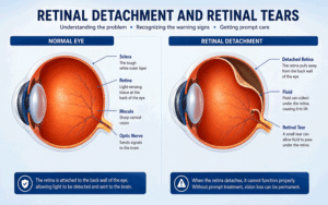 Medical infographic showing retinal detachment, retinal tears, and common warning signs, illustrating urgent causes of sudden vision loss for Barnet Dulaney Perkins Eye Center.