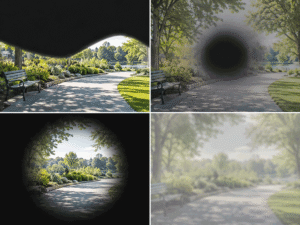 Four-panel view of different sudden vision loss patterns in a park setting, illustrating symptoms that need prompt evaluation at Barnet Dulaney Perkins Eye Center.