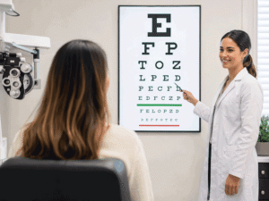 Eye doctor performing a visual acuity test with an eye chart, illustrating one exam used to evaluate sudden vision loss at Barnet Dulaney Perkins Eye Center.
