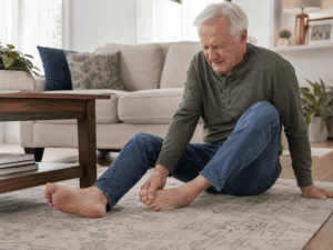 Senior man sitting on the floor after stubbing his toe on a coffee table, illustrating how tunnel vision may make nearby obstacles harder to notice for Barnet Dulaney Perkins Eye Center.