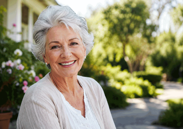 Smiling senior woman outdoors, representing confident daily life while learning about tunnel vision at Barnet Dulaney Perkins Eye Center.