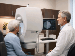 Senior woman completing a visual field test with an eye doctor to evaluate tunnel vision at Barnet Dulaney Perkins Eye Center.
