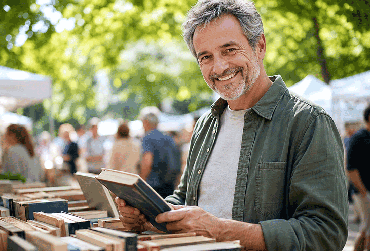 Smiling 55-year-old man shopping for used books at an outdoor fair, representing comfortable vision after uveitis treatment at Barnet Dulaney Perkins Eye Center.
