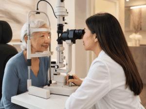 Senior woman receiving a slit lamp exam from an eye doctor, supporting uveitis treatment evaluation at Barnet Dulaney Perkins Eye Center.