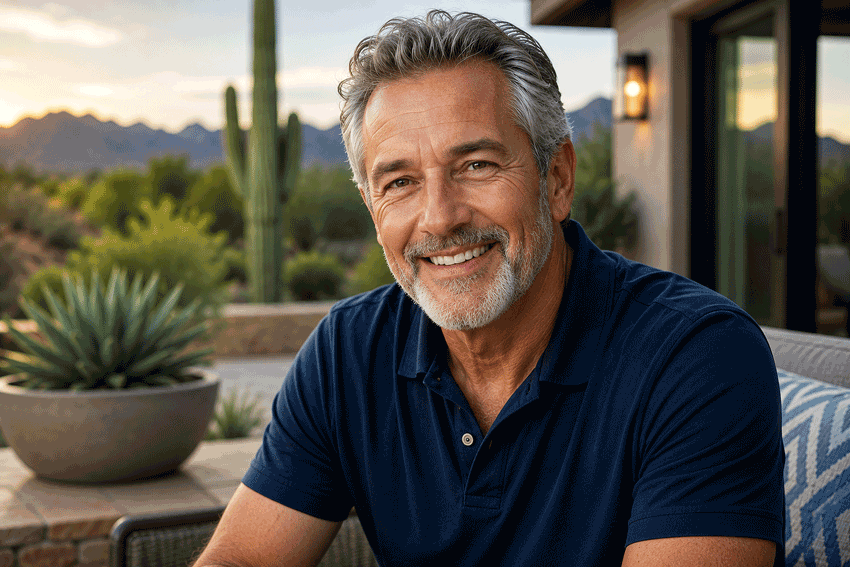 Smiling 60-year-old man relaxing on an Arizona patio, representing comfortable vision while learning what scleritis is from Barnet Dulaney Perkins Eye Center.