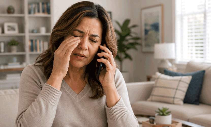 Middle-aged woman with eye discomfort calling an eye doctor for guidance about possible corneal infection symptoms.
